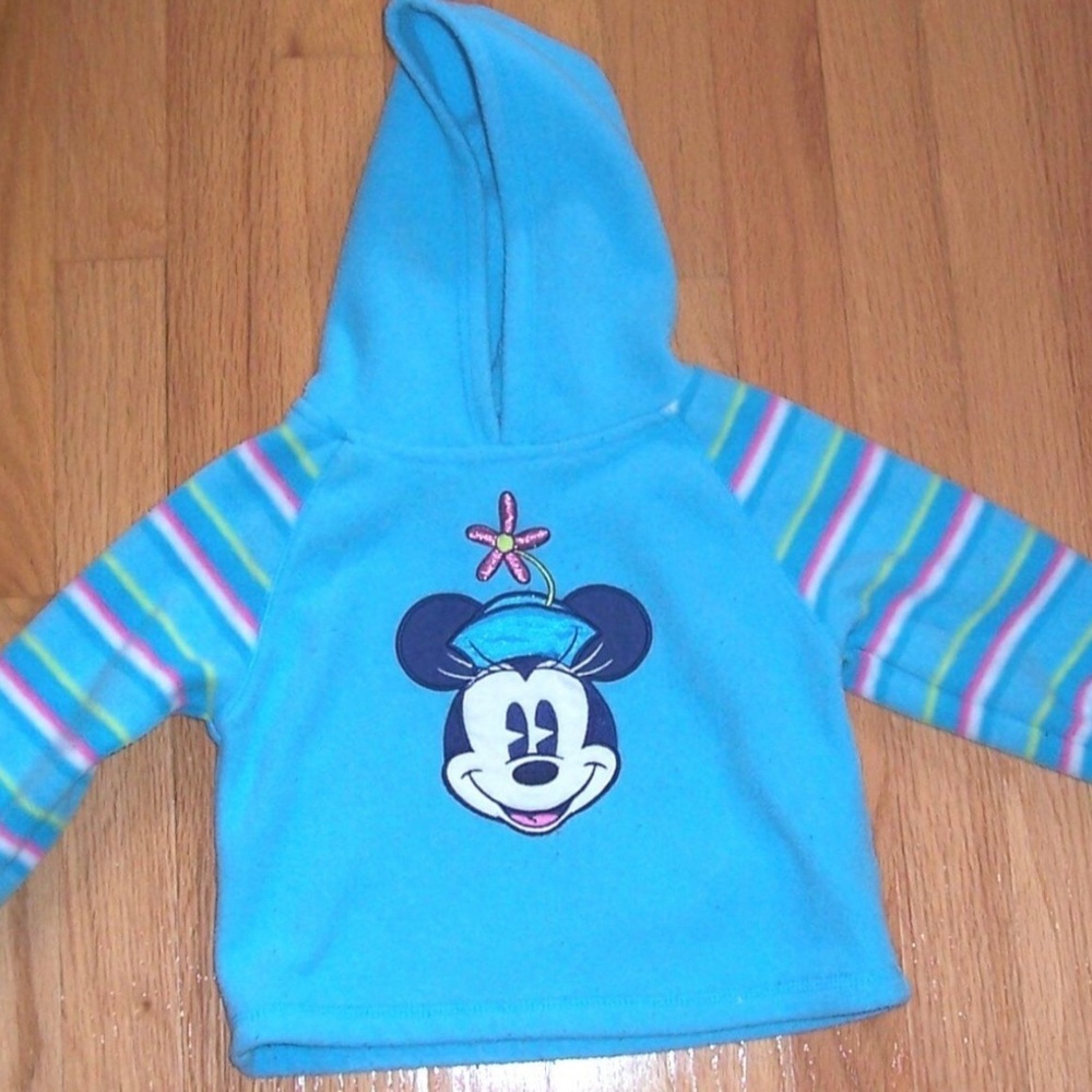 Disney Minnie Mouse Girl Fleece Hoodie Size 24 Months Blue White. Pink Stripes